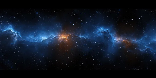 Panoramic deep-space scene with glowing blue nebula clouds, scattered stars, and dark void regions.