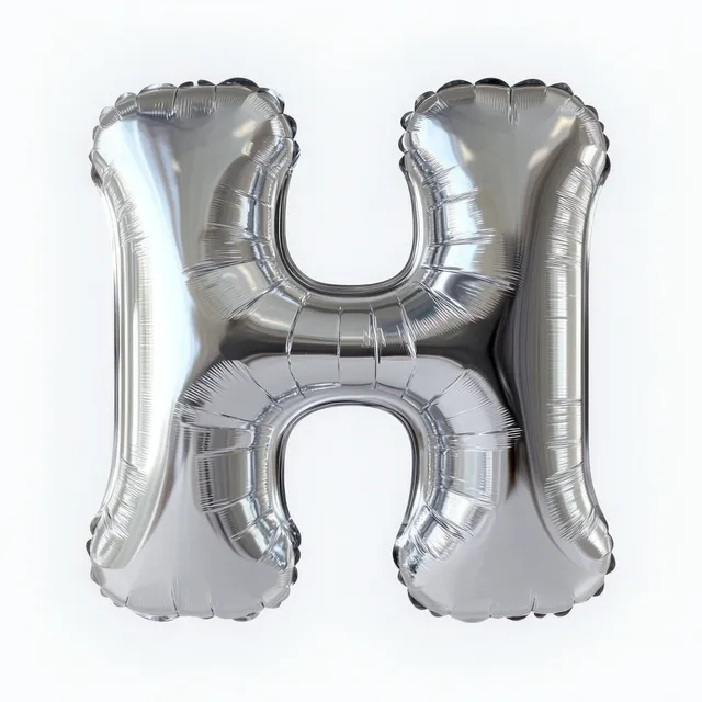 Silver foil balloon letter H floating on a white background with shiny reflective creases.