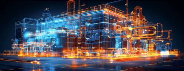 A glowing hologram of an industrial building displays transparent pipework, valves, and machinery layout.
