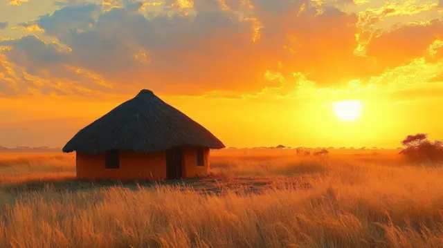 A lone thatched hut stands in a golden field under an orange sunset with scattered clouds.