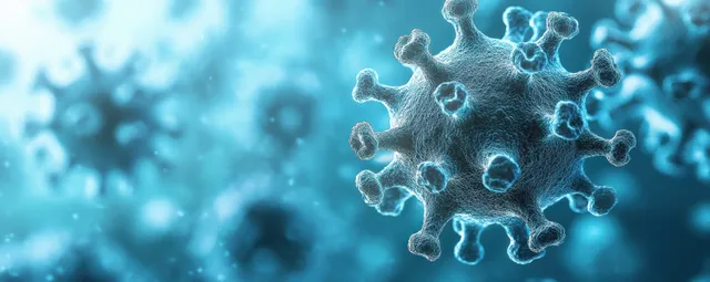 3D coronavirus particle cluster floating against a blurred blue scientific background.