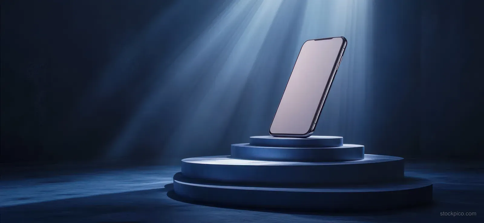 A smartphone rests on a glowing circular pedestal while beams of light spotlight it against a dark background.