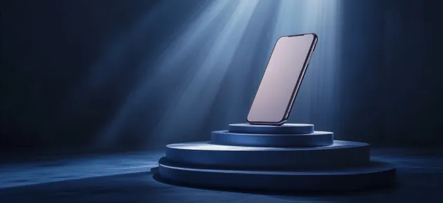 Smartphone on circular pedestal with spotlight beams in a dark minimal technology display