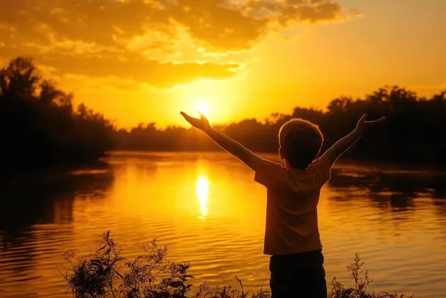 Child with arms raised in river sunset silhouette, glowing orange light and trees