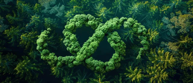 A green recycling symbol overlays lush forest leaves, forming a circular sustainability concept.