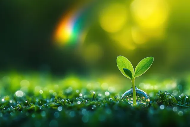 Green sprout rising from dewy grass in morning light with soft rainbow bokeh