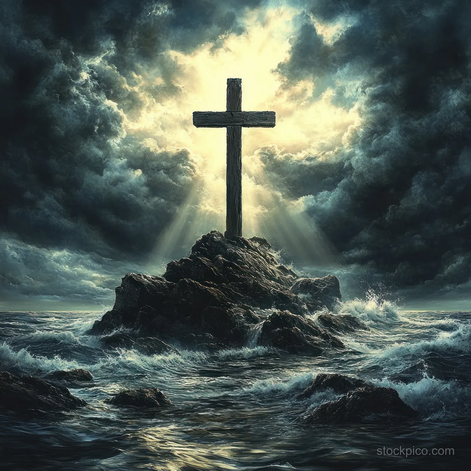 A wooden cross stands on a rocky coast as storm waves crash under dark clouds with sunrays.