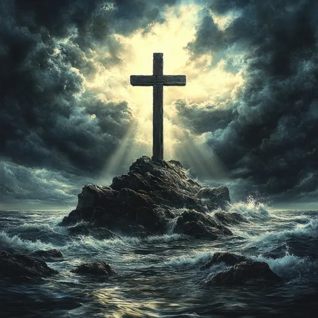 A wooden cross stands on a rocky coast as storm waves crash under dark clouds with sunrays.