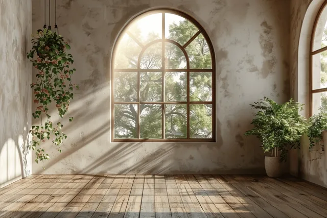 Minimal empty room interior with beige walls, wooden floor, arched window, and potted plants in bright daylight.