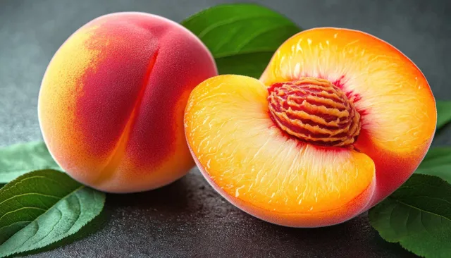 Whole and halved peaches with a visible pit sit on green leaves over a dark background.
