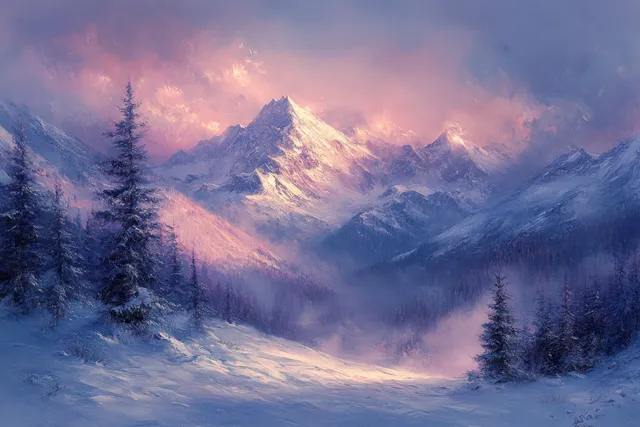 Misty winter mountain valley with snow-covered slopes, evergreen trees, and soft sunrise light in the distance.