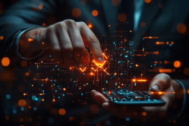 Hand taps neon touchscreen dashboard with rising arrow charts over digital data grid