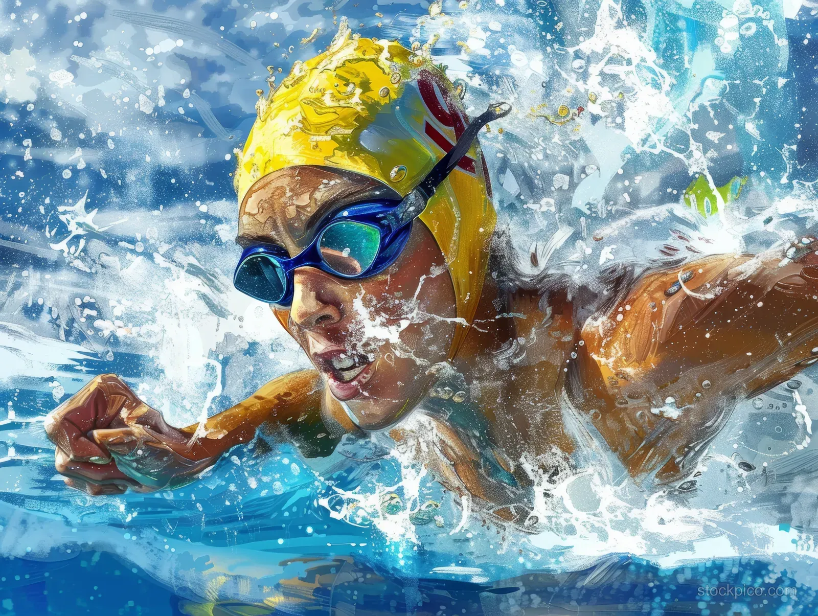 A female swimmer in goggles and a yellow cap bursts through the water during a freestyle stroke.