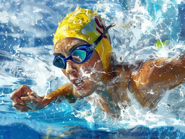A female swimmer in goggles and a yellow cap bursts through the water during a freestyle stroke.