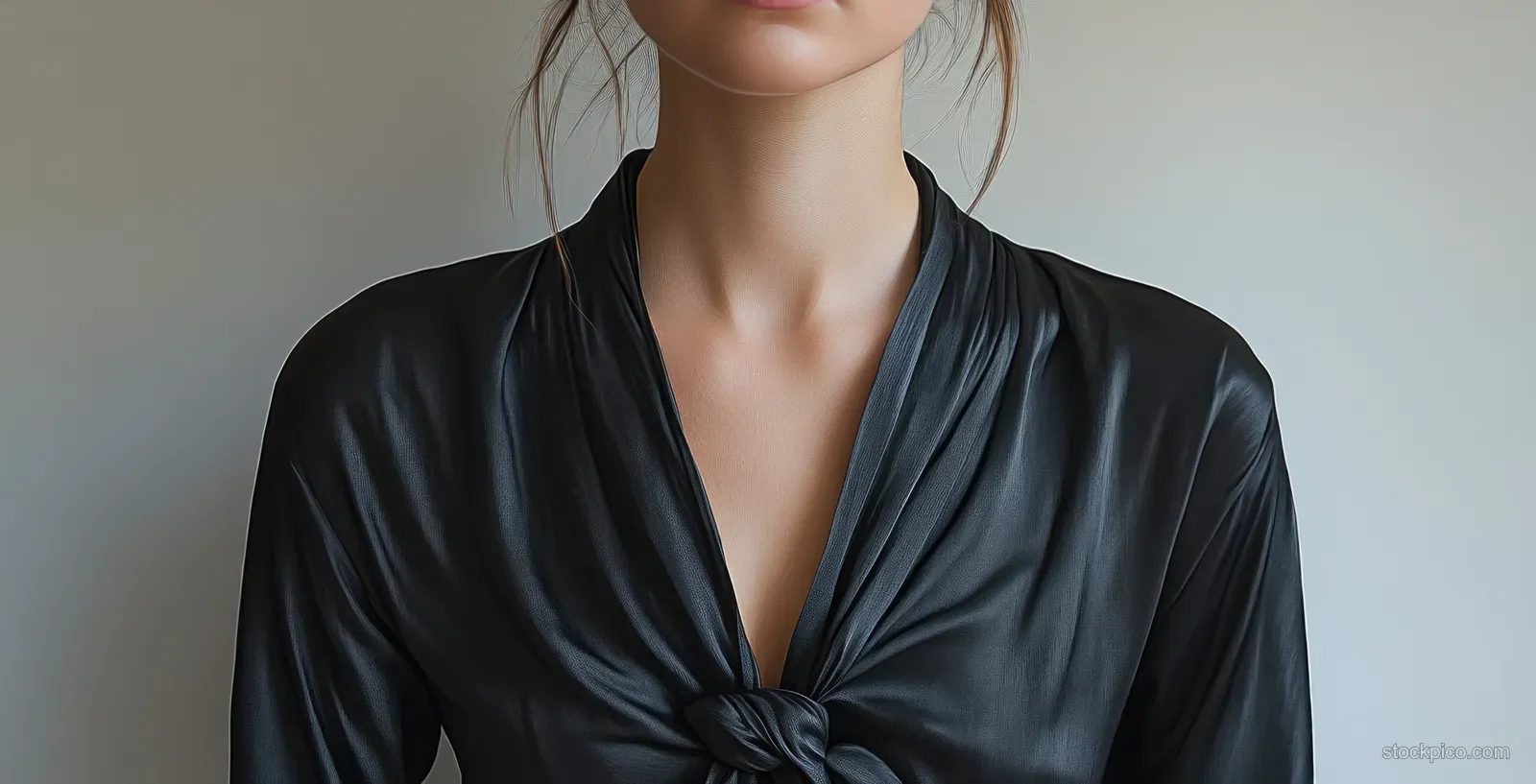 Close-up of a model wearing a black long-sleeve crewneck shirt with visible fabric folds in soft studio light.