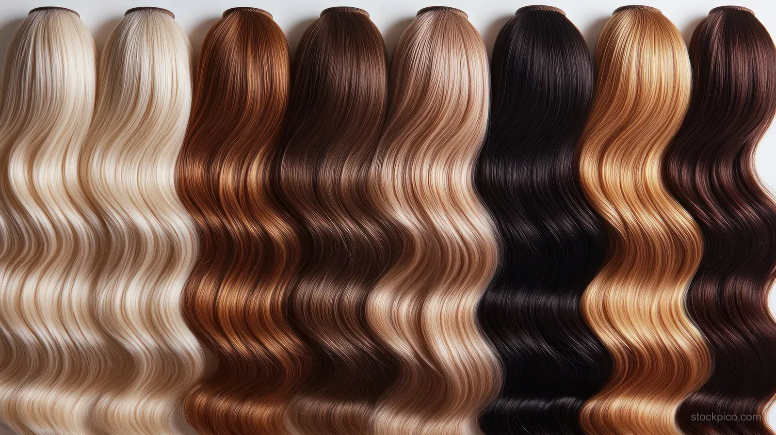 Long wavy hair extension swatches in blonde, brown, and black displayed side by side on a white background.