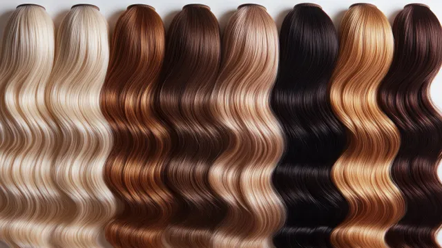 Long wavy hair extension swatches in blonde, brown, and black displayed side by side on a white background.