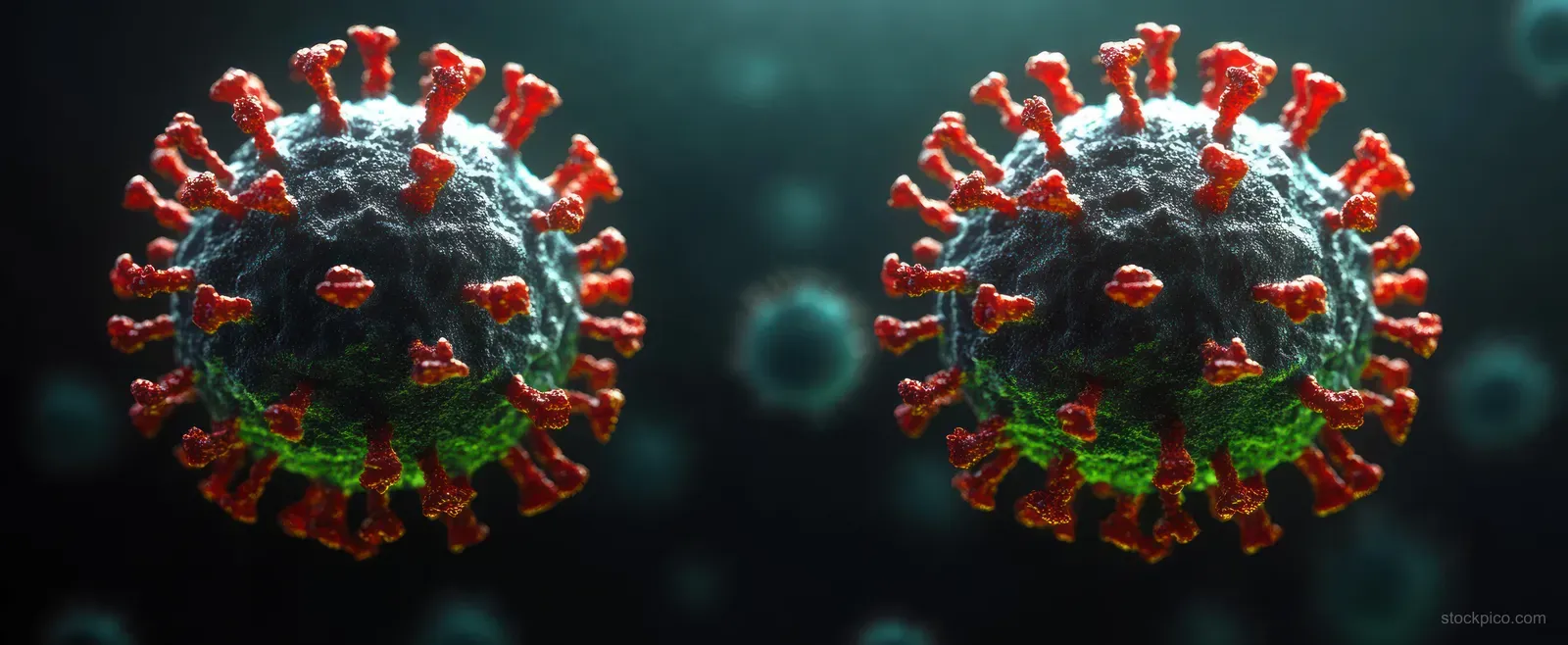 Two red-spiked coronavirus particles float against a dark microscopic background with bluish light halos.