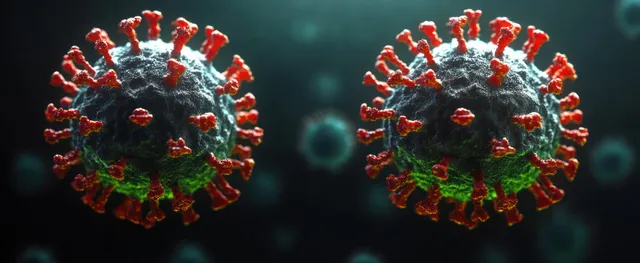 Two red-spiked coronavirus particles float against a dark microscopic background with bluish light halos.