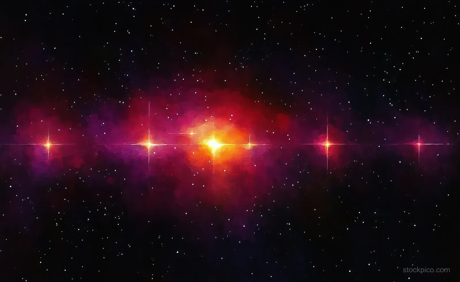 Twinkling stars scatter across a dark sky around a glowing central nebula with vivid color haze.
