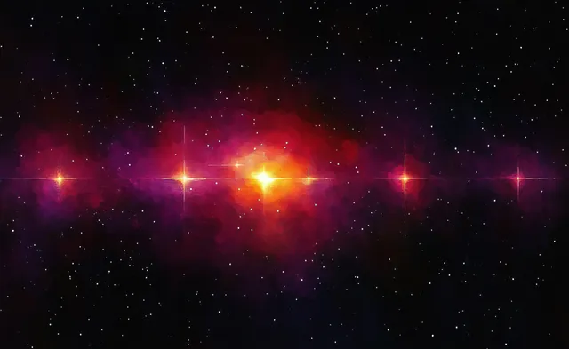 Twinkling stars scatter across a dark sky around a glowing central nebula with vivid color haze.