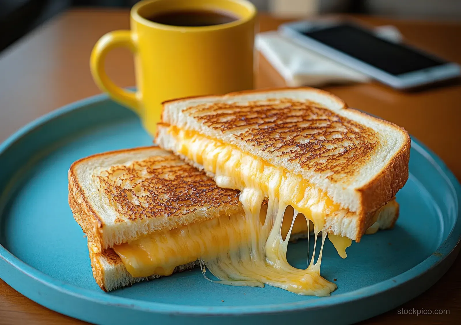 Gooey grilled cheese sandwich on a blue plate with melted cheese stretching beside a yellow coffee mug and a smartphone.
