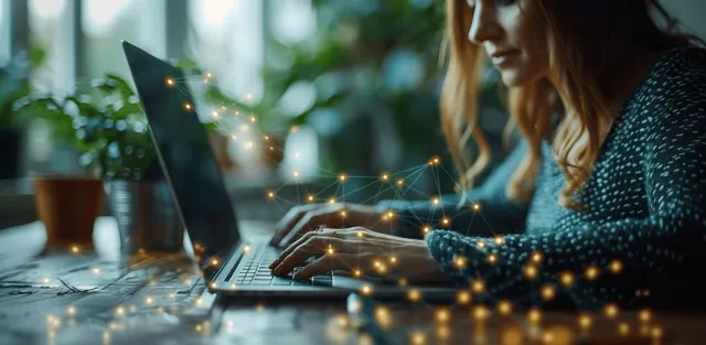 Woman Typing on Laptop at Desk with Glowing Network Lines