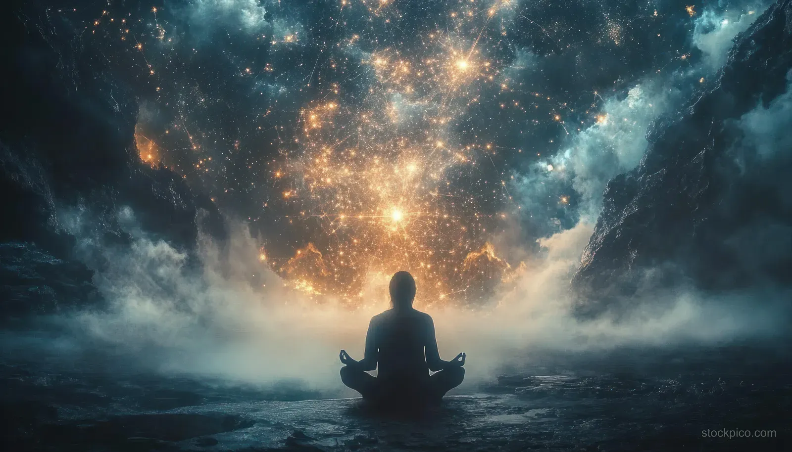 Silhouette of a person meditating in lotus position inside a dark cave with mist and glowing stars overhead.