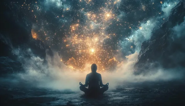 Silhouette of a person meditating in lotus position inside a dark cave with mist and glowing stars overhead.