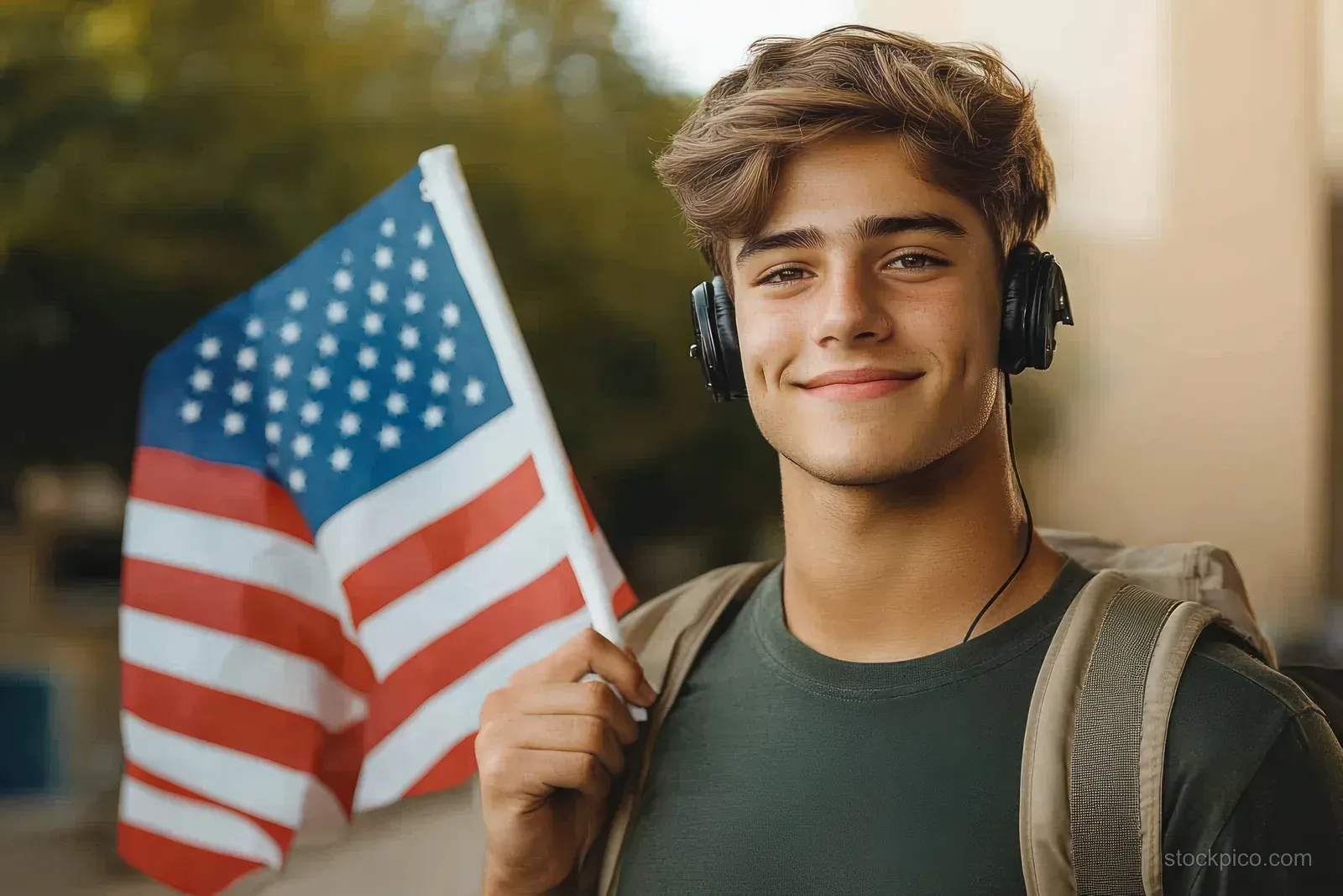 A smiling young man wearing headphones and a backpack holds a small American flag outdoors with a blurred background.