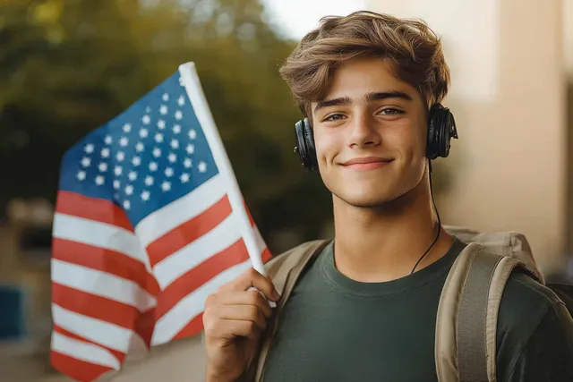 A smiling young man wearing headphones and a backpack holds a small American flag outdoors with a blurred background.