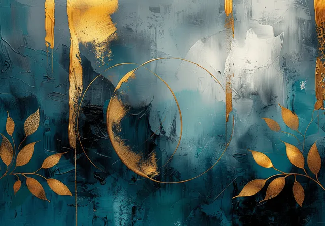 Pintura abstracta azul verdosa con un anillo circular central, fragmentos dorados en forma de hoja y salpicaduras de pincel texturizadas.