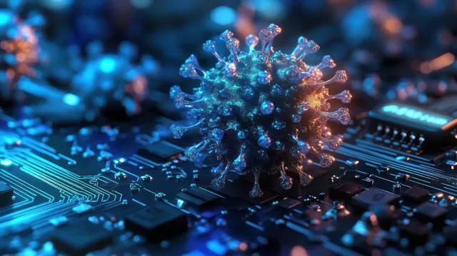 A glowing digital virus model sits on a computer circuit board under blue and orange lighting.