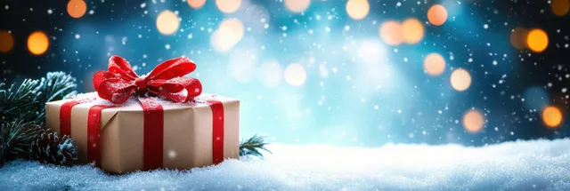 Wrapped Christmas gift box with a red bow on snow under glowing string lights and bokeh.