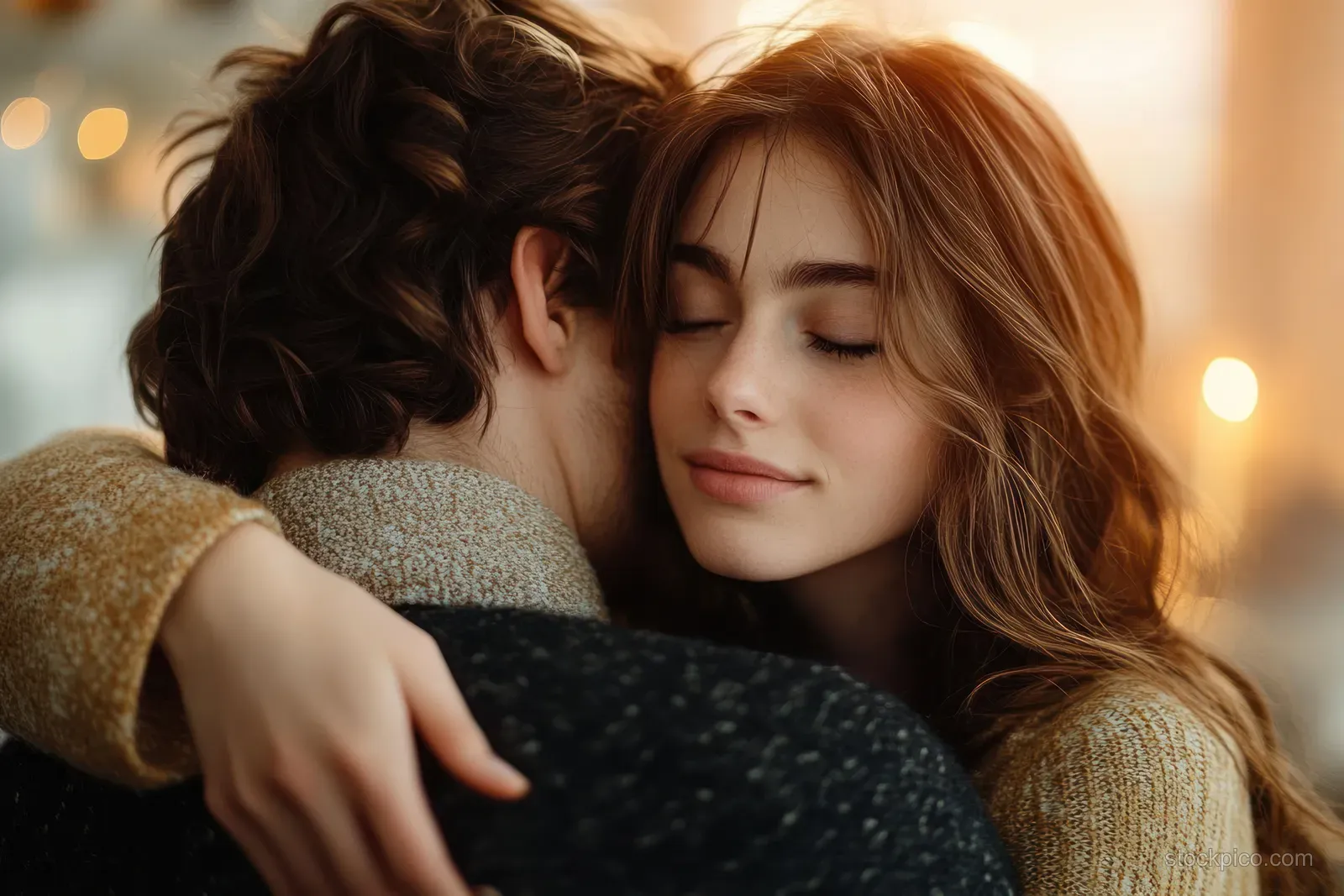 A mother hugs her teen daughter in a warm softly lit home, both eyes closed in comfort.