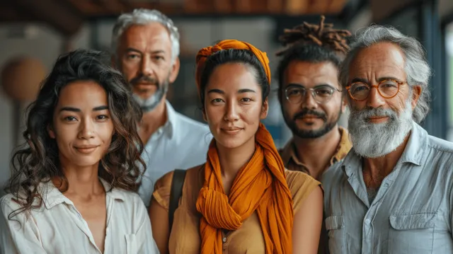 Smiling diverse office team standing together in a bright corporate meeting room with office background.