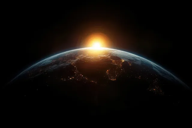 Sunrise on Earth from space shows glowing continents with city lights along a dark horizon.