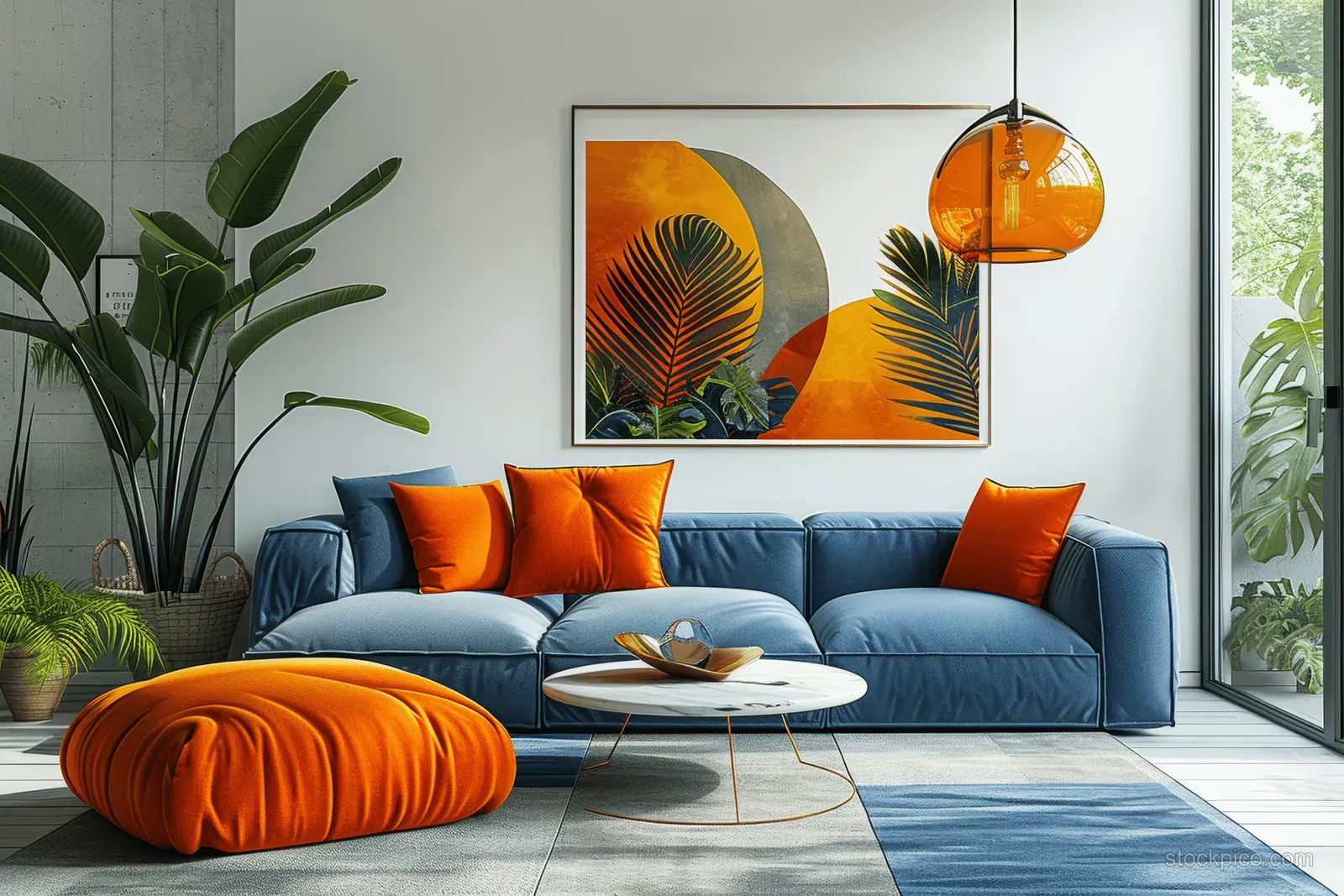 Scandinavian living room shows a blue sofa with orange cushions, abstract art, pendant light, and a coffee table.