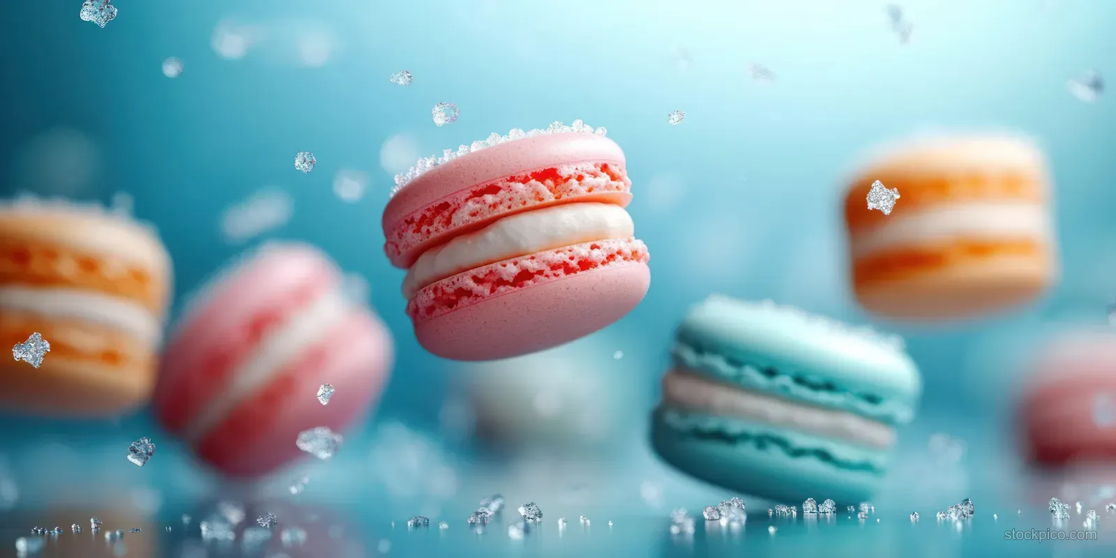Colorful floating macarons with visible sugar crystals scatter over a soft blue blurred background.