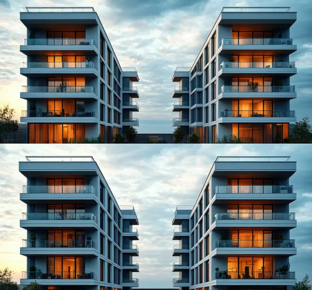 Two modern apartment towers with glass balconies glow with warm window lights at sunset under cloudy skies.