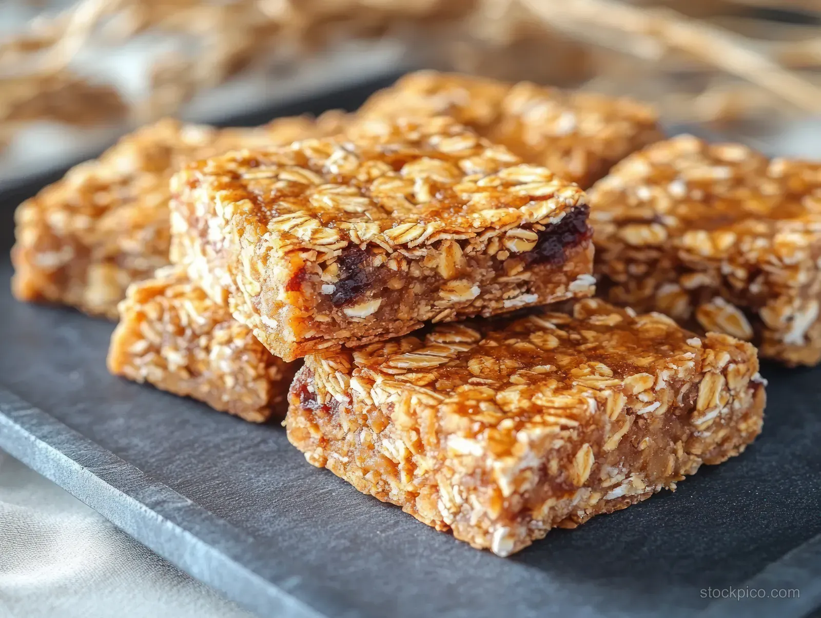 Stack of homemade granola bars on dark slate showing visible oats and dried fruit.