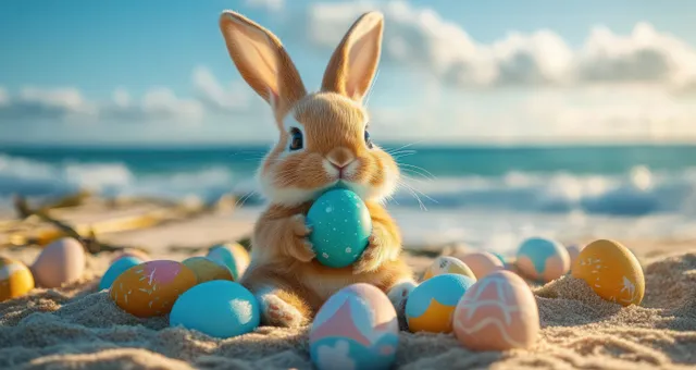 Brown bunny holding a decorated blue Easter egg on a sandy beach with colorful eggs, ocean waves, and clouds behind.