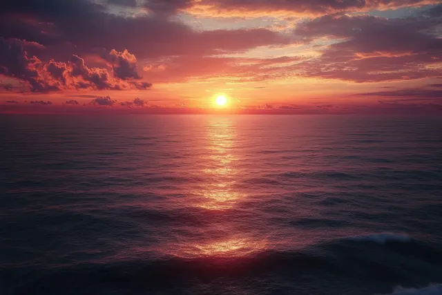 Sunset over calm ocean with glowing horizon light and soft wave reflections
