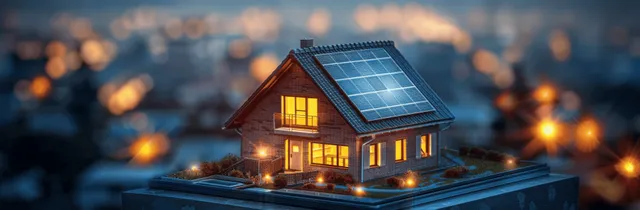 Smart home with solar panels and glowing battery storage at dusk over a city with Urban Energy Backdrop