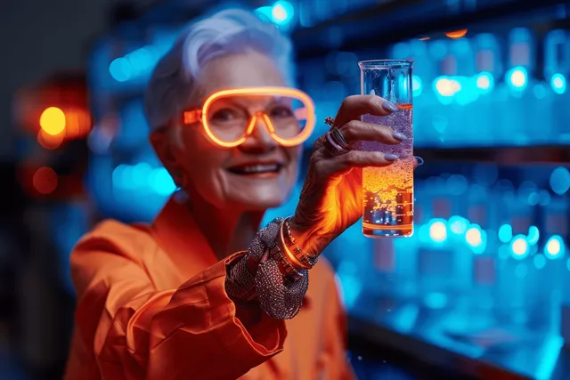 Scientist holding a glowing blue test tube, analyzing biotech samples under lab lighting