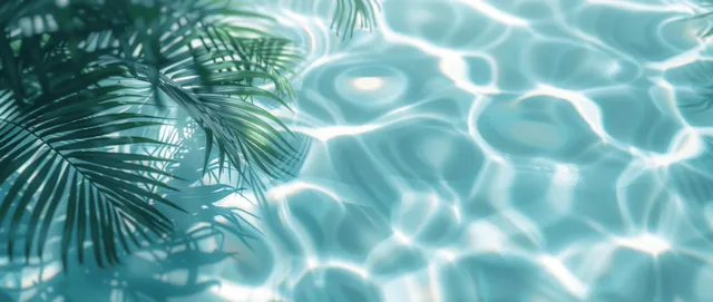 Overhead view of clear turquoise pool water with palm leaf shadows and sunlit ripples.