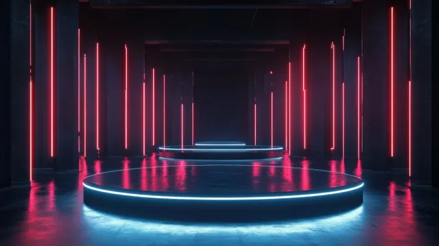Neon circular stage with glowing pedestal in a dark sci-fi lab corridor with vertical red light bars and reflective floor.