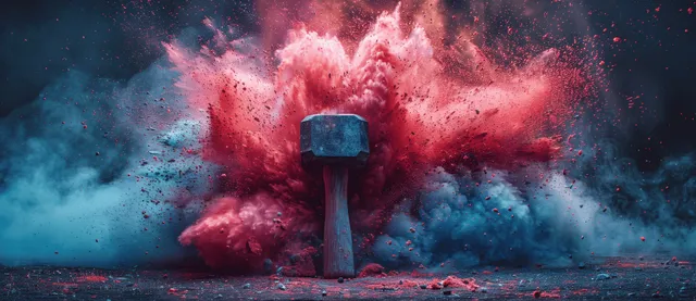 A hammer stands in the center as red and blue dust explodes outward into smoky air.