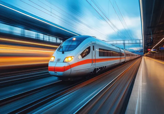 High-speed electric train streaks through a dusk station, captured with dramatic motion blur