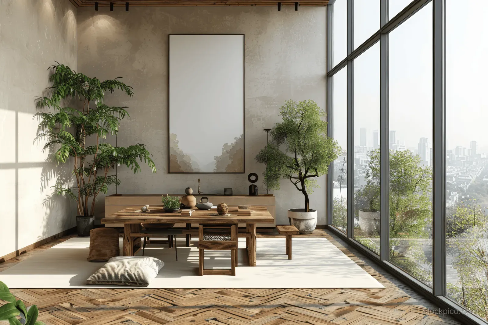 Minimalist dining room with a wooden table, potted plants, and large windows showing a hazy city view.